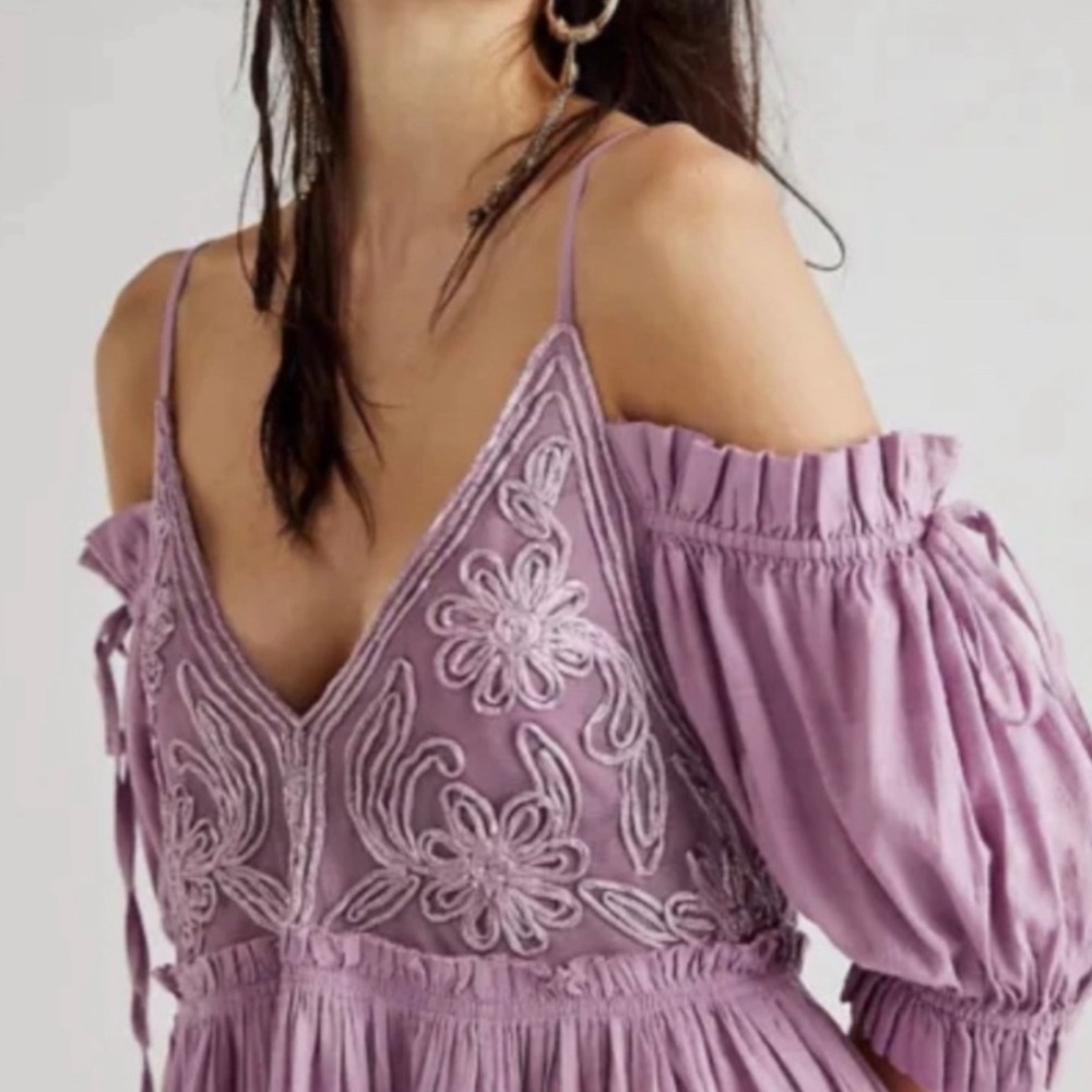 Free People Bali Badlands purple baby doll Off shoulder Mini Dress Medium EUC - Picture 2 of 11